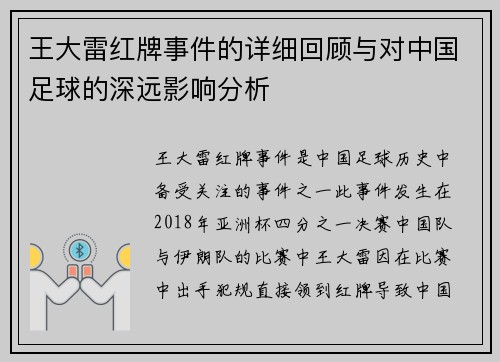 王大雷红牌事件的详细回顾与对中国足球的深远影响分析